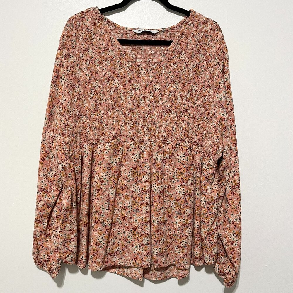 Womens Smocked Peasant Top 3X Floral Stretch Long Sleeve Cottagecore Boho Sonoma